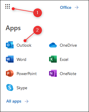 El lanzador de aplicaciones de O365 con Outlook resaltado.