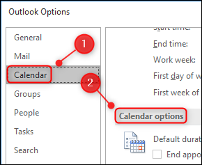 Outlook "Opciones de calendario" ajustes.