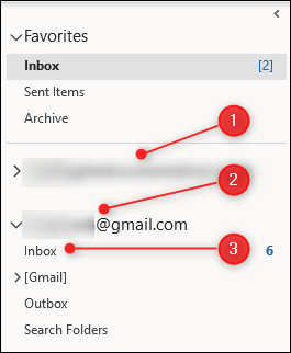 La segunda cuenta de correo electrónico debajo de la cuenta principal en el panel de navegación de Outlook.  Haga clic en la Bandeja de entrada debajo de la segunda cuenta.