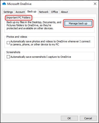 los "Gestionar copia de seguridad" en la configuración de OneDrive.
