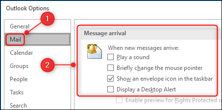 La configuración de "Llegada de mensaje" en el panel de Opciones.