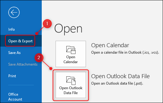 Outlook "Abrir archivo de datos de Outlook" opción.