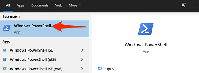 Seleccione "Windows PowerShell" en el menú Inicio de Windows.