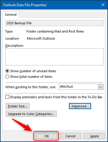 El botón "Aceptar" en el panel Propiedades del archivo de datos de Outlook.