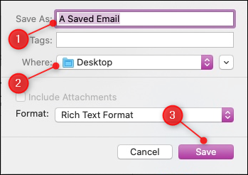 Apple Mail's "Guardar como" cuadro de diálogo con el nombre del archivo, la ubicación y el botón Guardar resaltados.