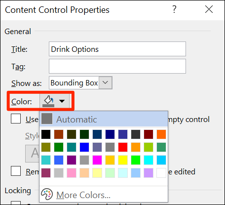 Seleccione un color de lista desplegable en Word "Propiedades de control de contenido" ventana.