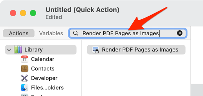 Busque la acción "Renderizar páginas PDF como imágenes" en Automator.