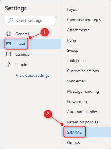 Menú de configuración de Outlook, con el "S / MIME" opción resaltada.