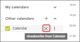 Calendario de Google "darse de baja del calendario" opción.