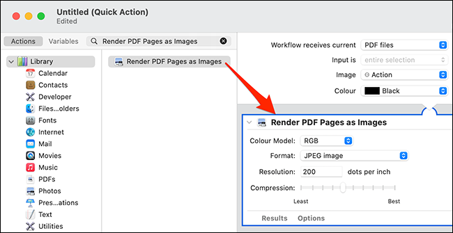 Agregue la acción "Renderizar páginas PDF como imágenes" al flujo de trabajo en Automator.