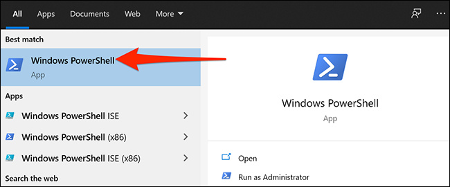 Seleccione "Windows PowerShell" en el menú Inicio de Windows 10.