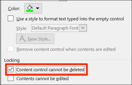 Bloquear la lista desplegable de Word "Propiedades de control de contenido" ventana.