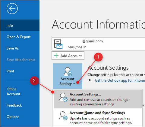 Outlook "Configuraciones de la cuenta" opción
