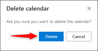 Confirmación de eliminación del calendario de Outlook Online.