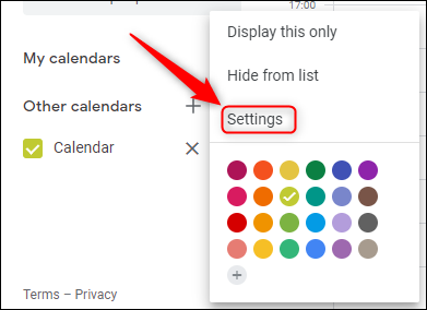 Opción de configuración de Google Calendar para el calendario compartido.
