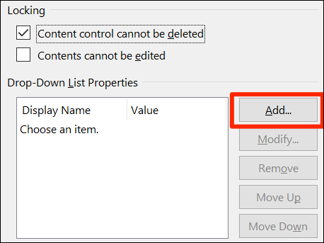 Hacer clic "Agregar" para agregar un elemento de lista desplegable en Word "Propiedades de control de contenido" ventana.