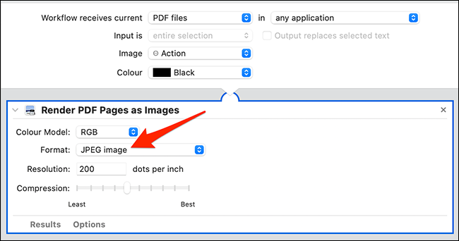 Configure la acción "Renderizar páginas PDF como imágenes" en Automator.
