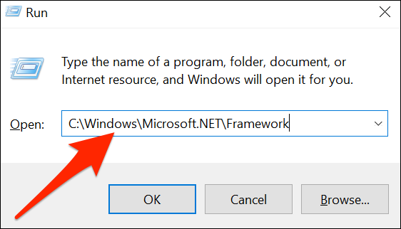 Abra la carpeta "Framework" usando Ejecutar en Windows 10.