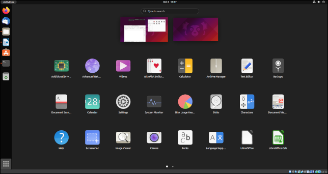La vista de la aplicación GNOME 40 en Uubuntu 21.10