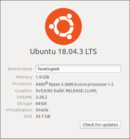 La pestaña "Acerca de" de la configuración de GNOME en una máquina virtual Ubuntu.