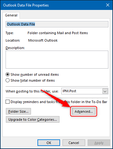 La opción "Avanzado" en "Propiedades de archivos de datos de Outlook".
