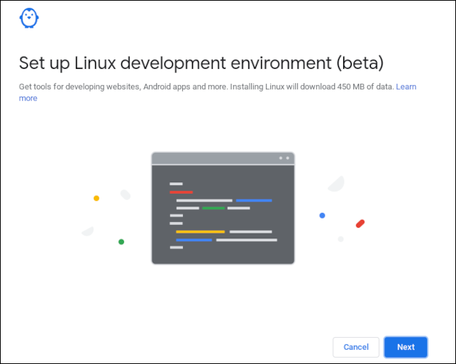 Pantalla de confirmación del entorno de desarrollo de Linux en un Chromebook