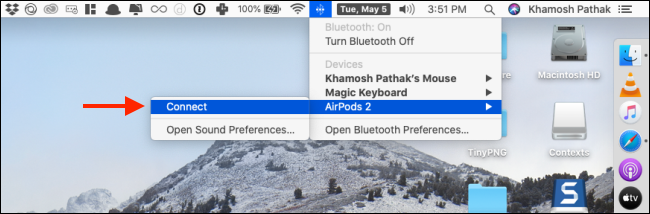 Haga clic en Conectar desde el menú AirPods en Bluetooth