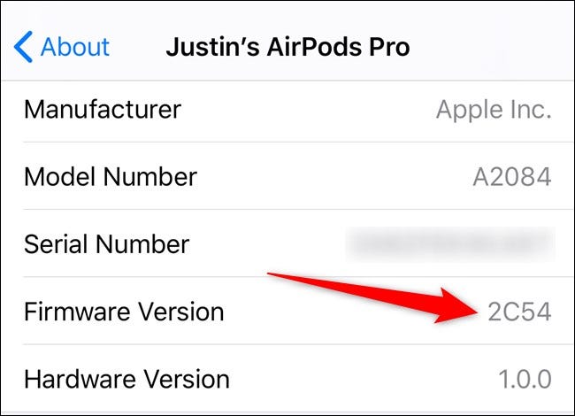 Apple iPhone Ver versión de firmware de AirPods