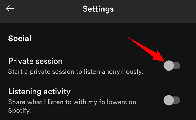 Habilite "Sesión privada" en la pantalla "Configuración" en Spotify en el móvil.