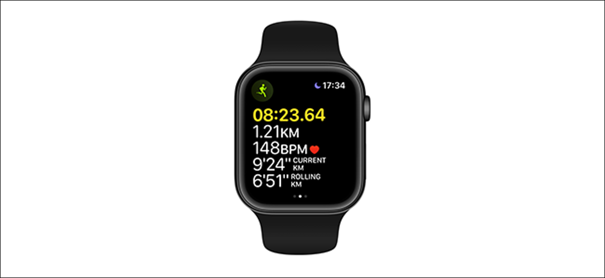 Imagen de vista previa que muestra métricas de entrenamiento en un reloj de Apple