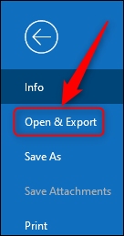 Outlook "Abrir y exportar" opción.