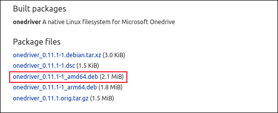 Lista de archivos de paquetes de onedrive, con la opción de arquitectura ARM resaltada