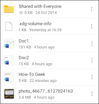 Aplicación de Android oneDrive que muestra los archivos cargados