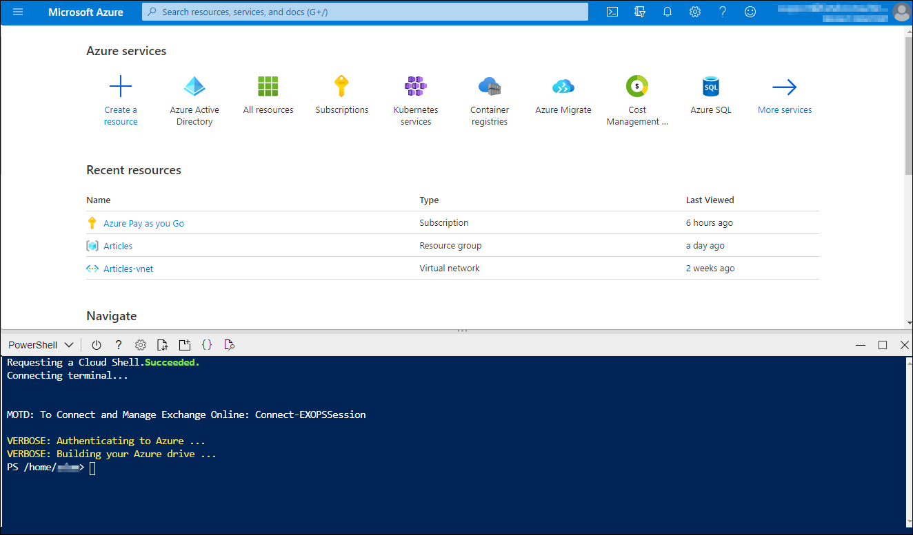 Azure Cloud Shell se ha conectado.