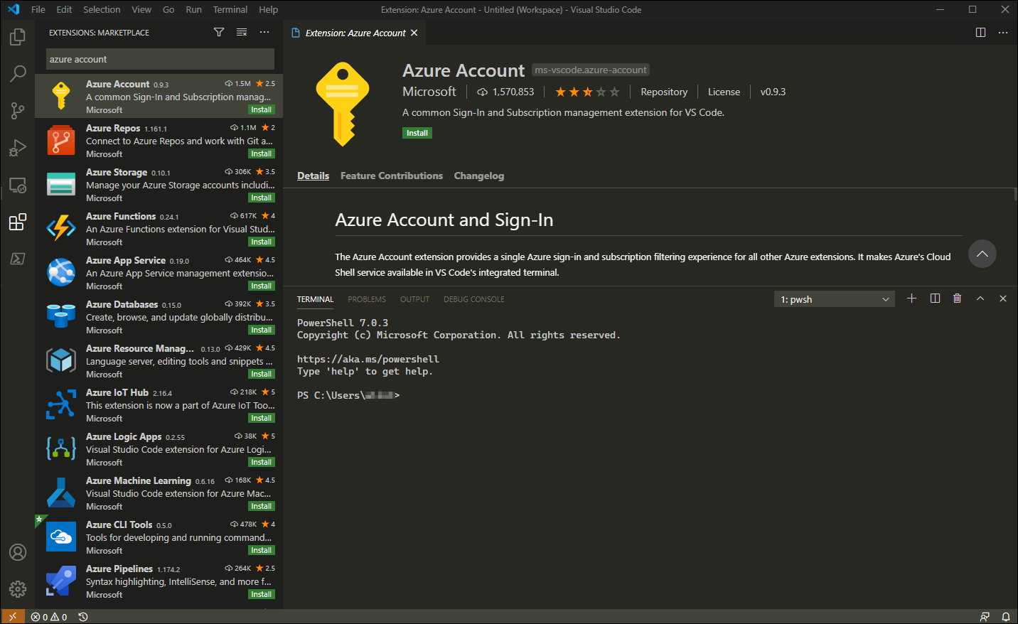 To start, install the official Microsoft Azure account extension.