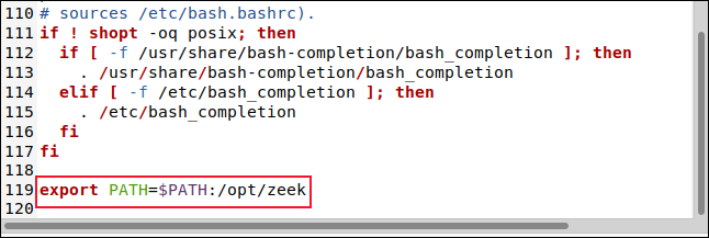 El archivo BASHRC en el editor gedit con la línea export PATH = $ PATH: / opt / zeek.