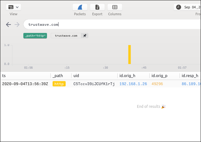 Buscando "trustwave.com" en Brim.