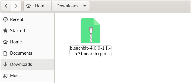 El archivo de instalación de BleachBit en la carpeta "Descargas".