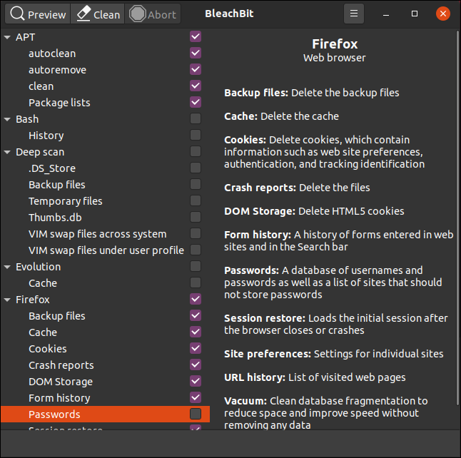 La categoría "Contraseñas" resaltada en "Firefox" a la izquierda y las opciones a la derecha.