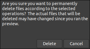 El cuadro de diálogo de confirmación de eliminación de archivos en BleachBit.
