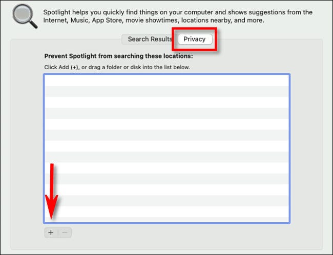 En las preferencias de Spotlight, haga clic en la pestaña "Privacidad", luego haga clic en el botón "Más".