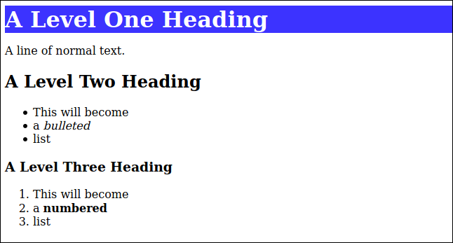 HTML renderizado a partir de markdown con un estilo CSS aplicado al encabezado de nivel uno, en una ventana del navegador