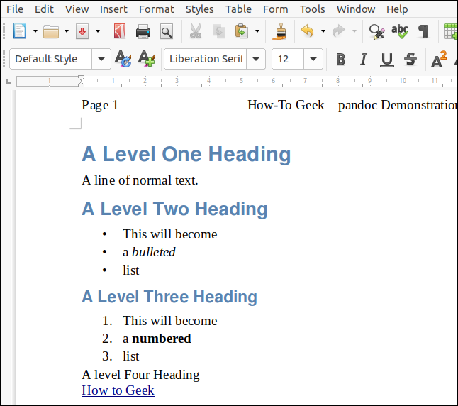 Un archivo ODT renderizado a partir de una rebaja con un documento de LibreOffice que actúa como una hoja de estilo, en una ventana de LibreOffice Writer.