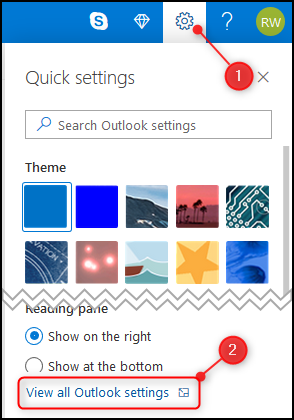 El panel "Configuración rápida" de Outlook con la opción "Ver todas las configuraciones de Outlook" resaltada