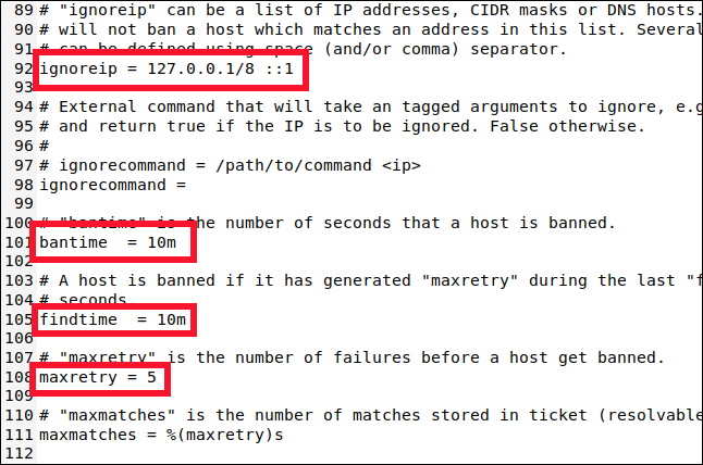/etc / fail2ban / jail.local opened in a gedit window and scrolled to the line 89.