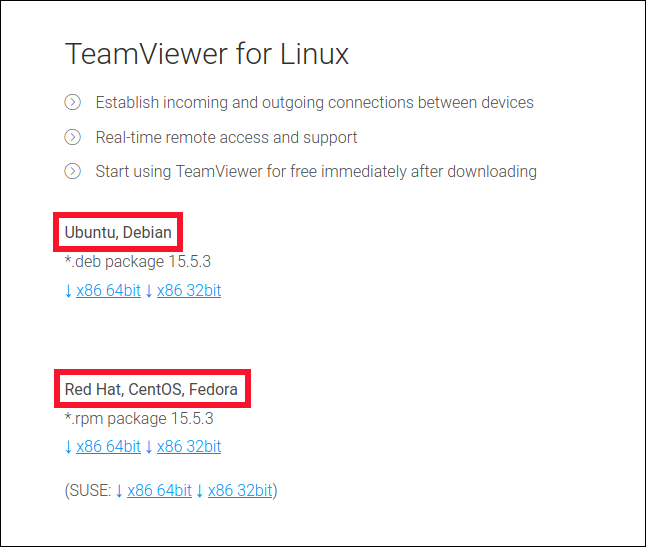 Los enlaces de descarga de Ubuntu y Fedora en el sitio web de TeamViewer.