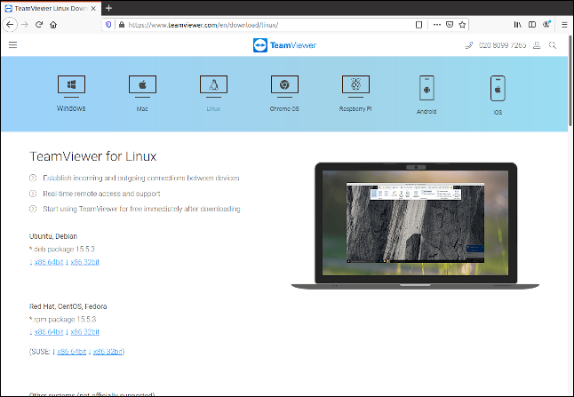 Página de descarga de TeamViewer Linux.