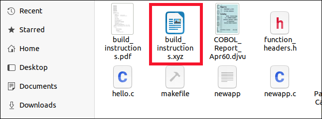 Archivo de OpenDocument correctamente identificado dentro del explorador de archivos de archivos, aunque su extensión es XYZ.