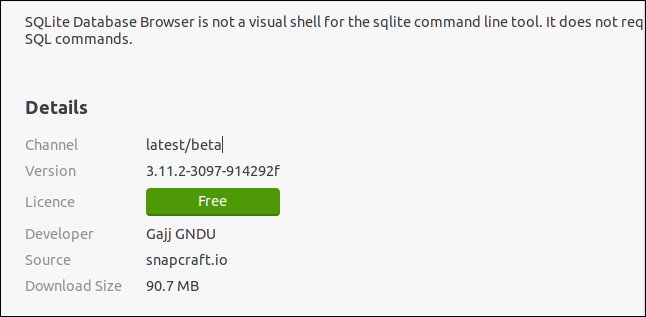 Información específica de Snap relacionada con SQLITebrowser en la aplicación de software de Ubuntu.