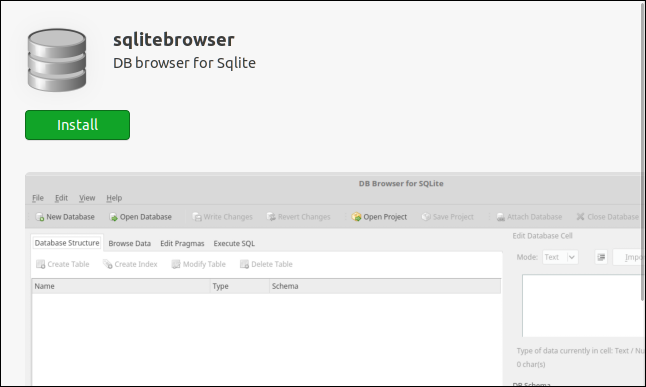 Página de instalación de la aplicación de navegador SQLite en la aplicación de software de Ubuntu.
